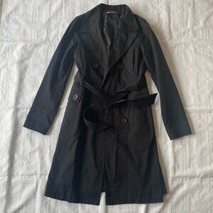 Smart Set Long Black Trench Coat Waist Belt Cotton